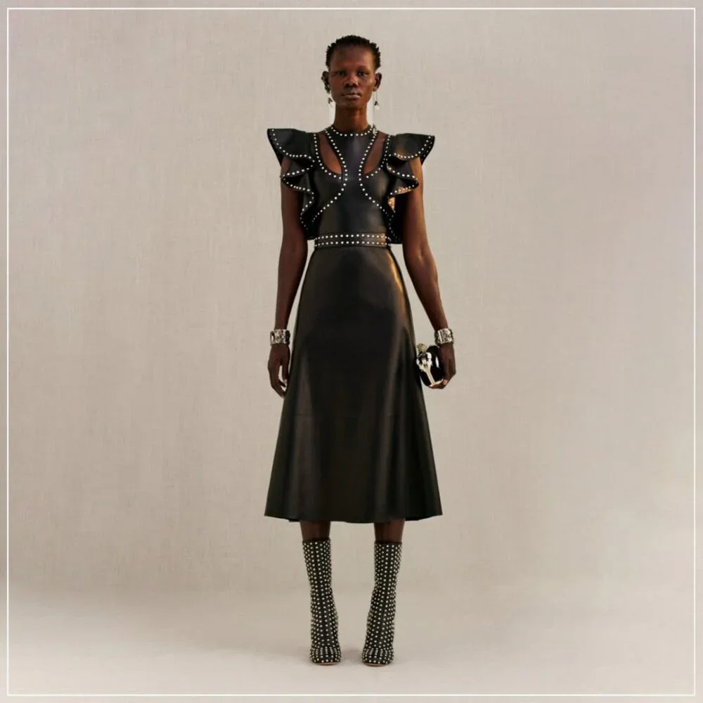 $8990 Alexander McQueen Studded Trim Lamb Leather Ruffle Runway Midi Dress - Picture 8 of 11